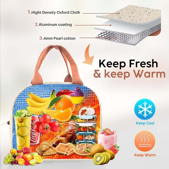 Large Insulated Lunch Bag for Women & Men, Leakproof Reusable Tote (Beige) - Picture 6 of 7